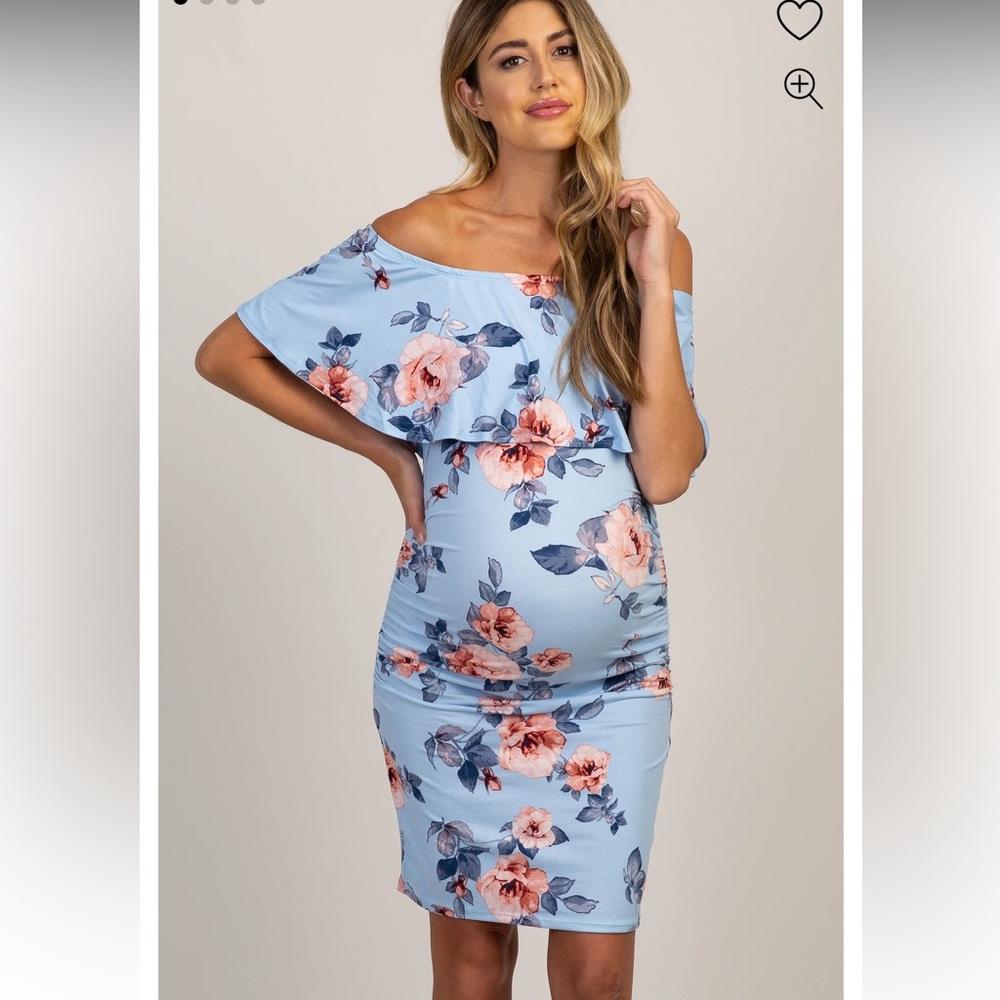 Pink blush blue floral print off the shoulder dress